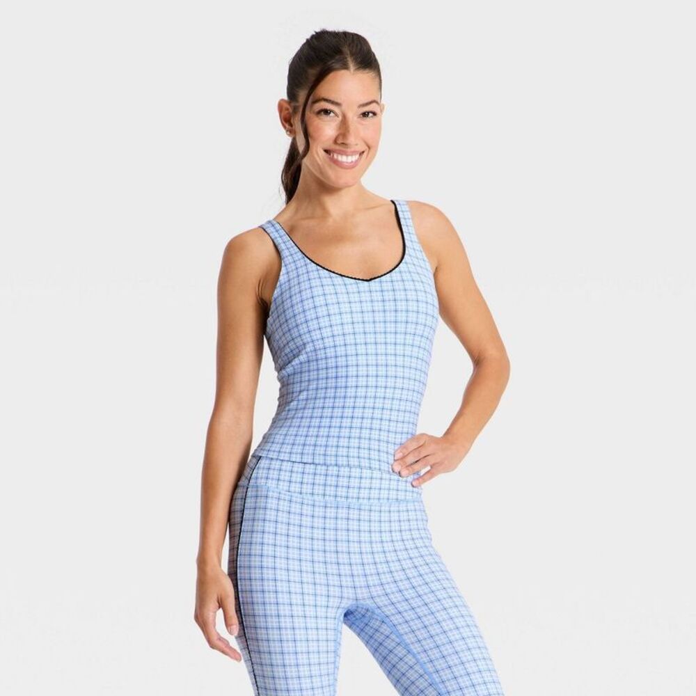 Women's Everyday Soft Printed V-Neck Tank Top - Light Blue Checkered M